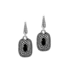 Sterling Silver Black Onyx Granulated Oval Drop Earrings With Balinese Detailing