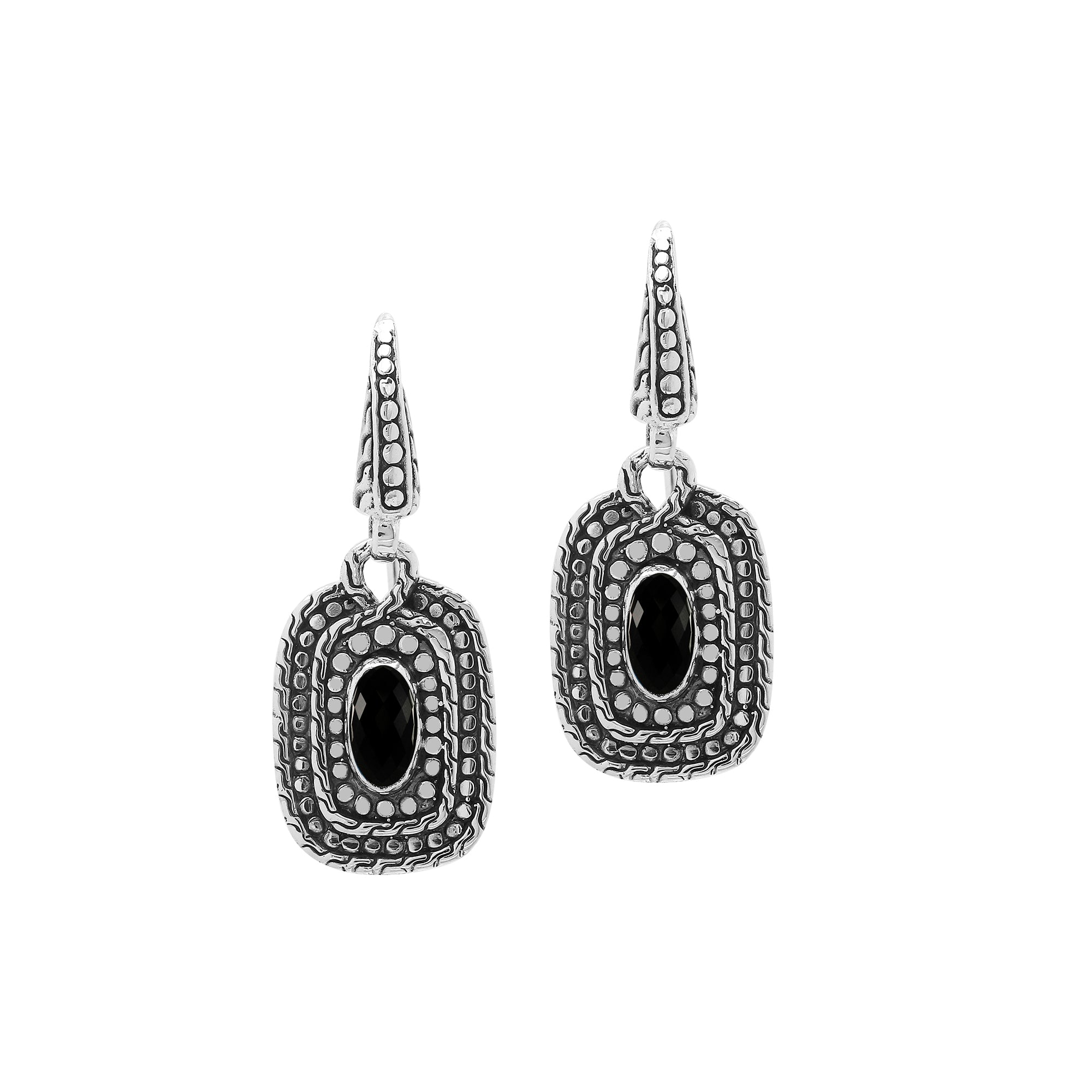 Sterling Silver Black Onyx Granulated Oval Drop Earrings With Balinese Detailing