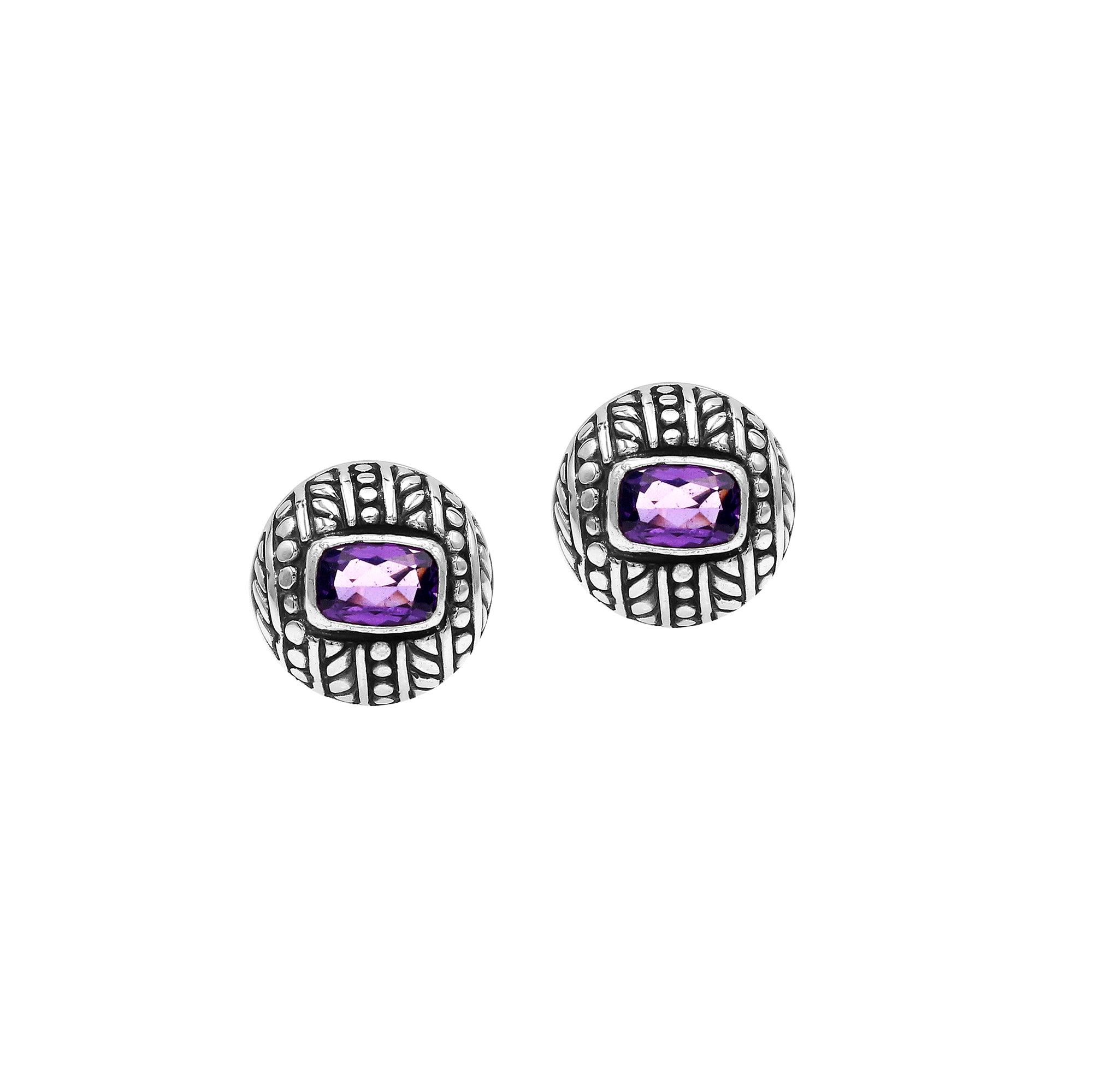 Sterling Silver Stud Earrings With Carved Dot-Stripe Details And Center Amethyst Quartz