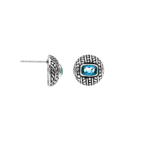 Sterling Silver Stud Earrings With Carved Dot-Stripe Details And Center Blue Topaz Quartz