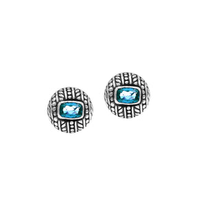 Sterling Silver Stud Earrings With Carved Dot-Stripe Details And Center Blue Topaz Quartz