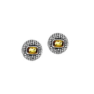 Sterling Silver Stud Earrings With Carved Dot-Stripe Details And Center Citrine Quartz