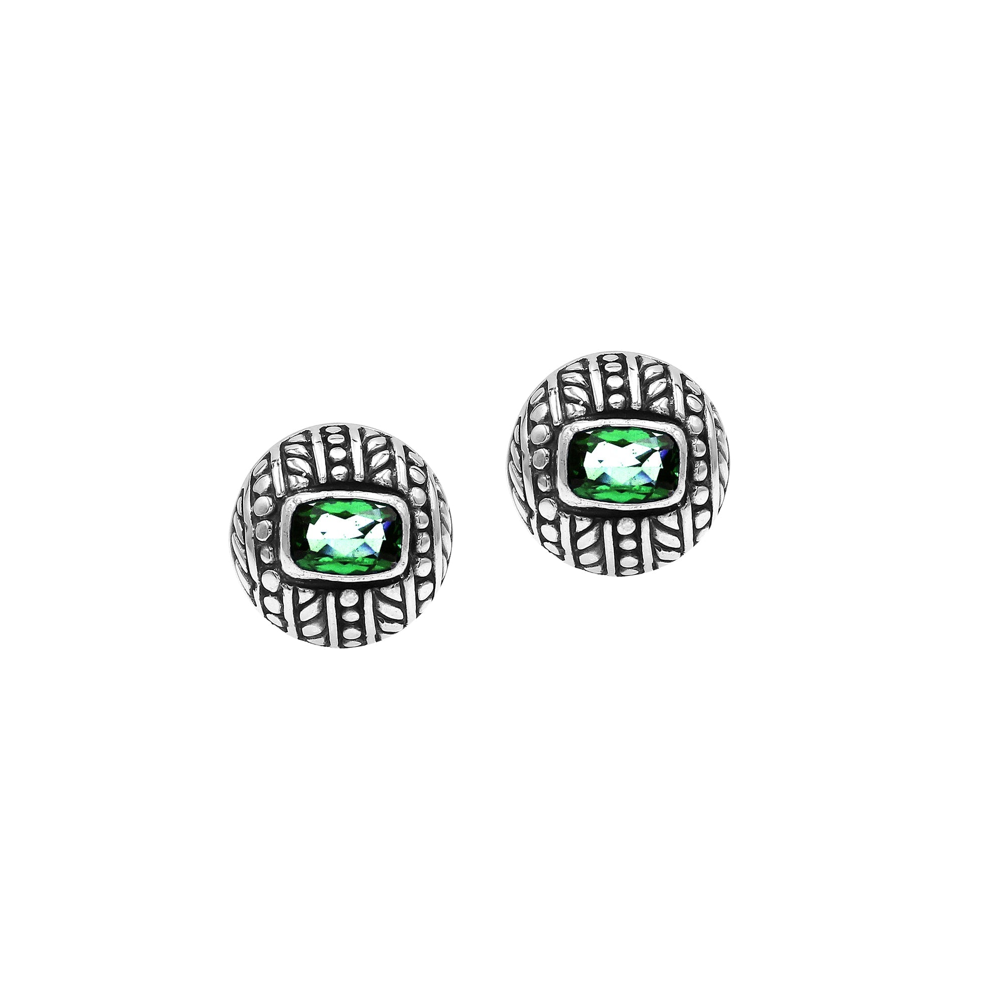 Sterling Silver Stud Earrings With Carved Dot-Stripe Details And Center Green Quartz