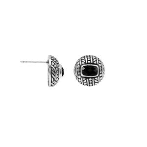 Sterling Silver Stud Earrings With Carved Dot-Stripe Details And Center Black Onyx