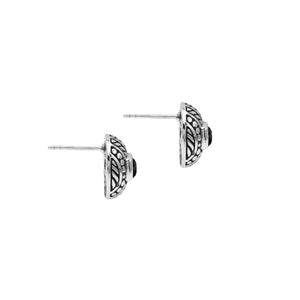 Sterling Silver Stud Earrings With Carved Dot-Stripe Details And Center Black Onyx