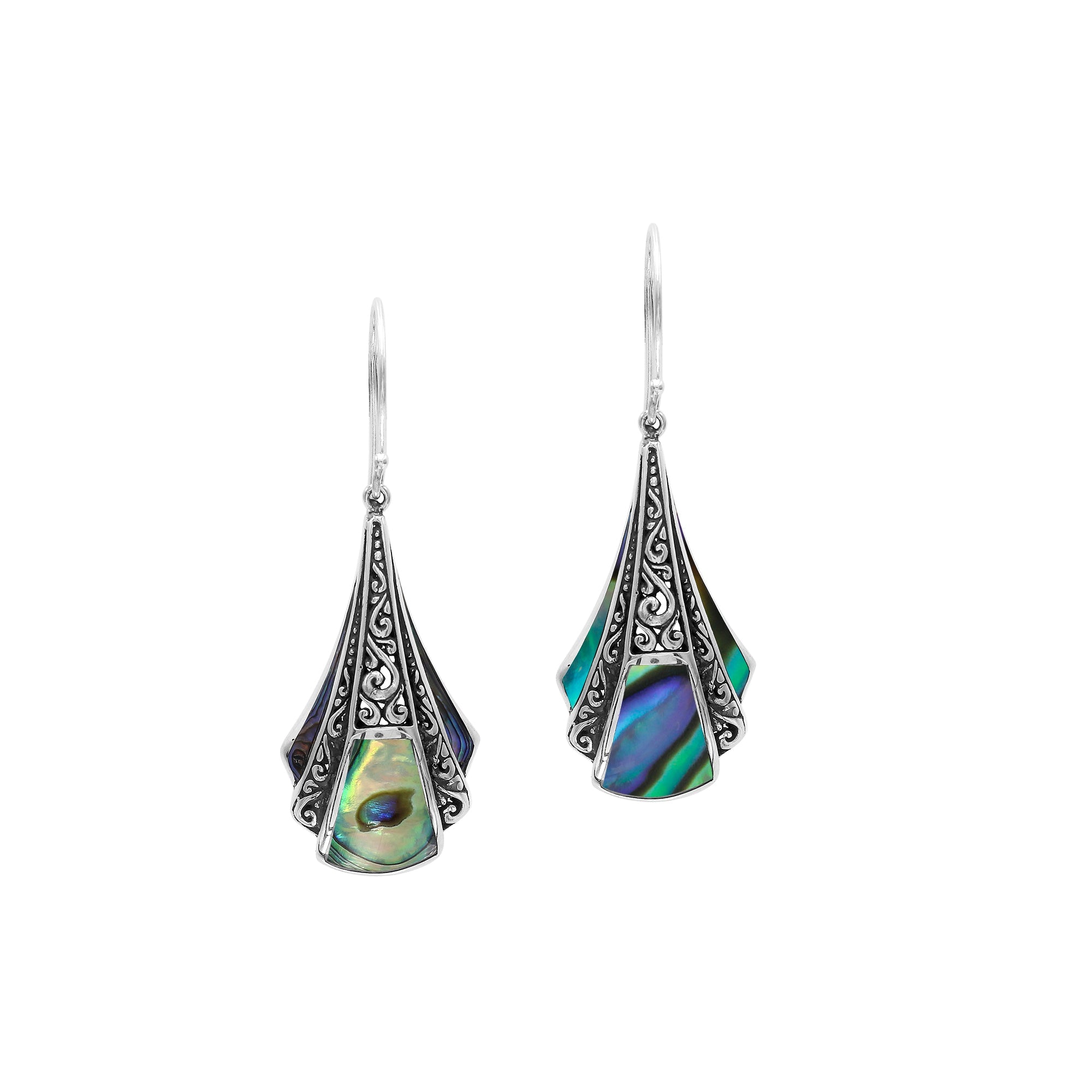 Sterling Silver Filigree Drop Earrings With Inlaid Abalone Shell Detailing