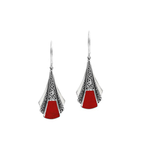 Sterling Silver Filigree Long Drop Earrings With Inlaid Red Coral