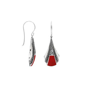 Sterling Silver Filigree Long Drop Earrings With Inlaid Red Coral