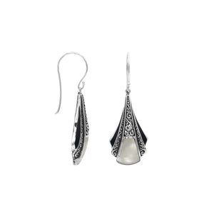 Sterling Silver Filigree Long Drop Earrings With Inlaid Mother Of Pearl