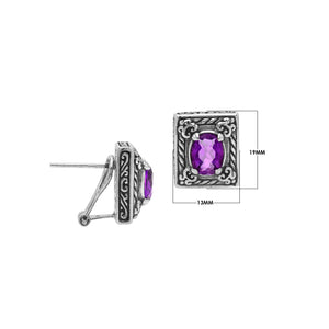 Sterling Silver Ornate Rectangular Carved Stud Earrings Featuring Vibrant Amethyst Quartz And Detailed Balinese Craftsmanship