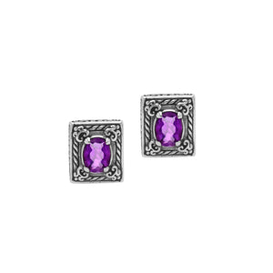 Sterling Silver Ornate Rectangular Carved Stud Earrings Featuring Vibrant Amethyst Quartz And Detailed Balinese Craftsmanship