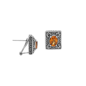 Sterling Silver Ornate Rectangular Carved Stud Earrings Featuring Warm Citrine Quartz And Detailed Balinese Craftsmanship