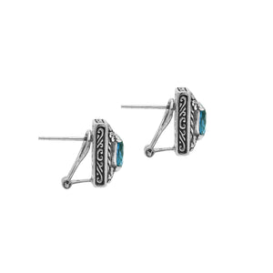 Sterling Silver Ornate Rectangular Carved Stud Earrings Featuring Vivid London Blue Topaz Quartz And Detailed Balinese Craftsmanship