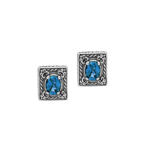 Sterling Silver Ornate Rectangular Carved Stud Earrings Featuring Vivid London Blue Topaz Quartz And Detailed Balinese Craftsmanship