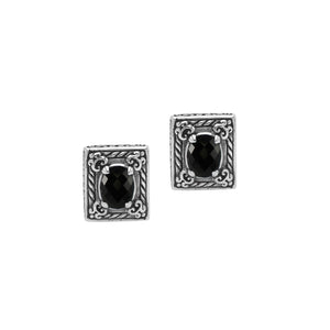 Sterling Silver Ornate Rectangular Carved Stud Earrings Featuring Deep Black Onyx And Detailed Balinese Craftsmanship