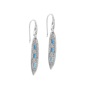Sterling Silver Long Drop Earrings Featuring Triple Blue Topaz Quartz Stones With Balinese Chain Carved Detailing
