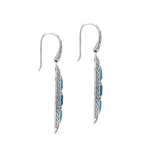 Sterling Silver Long Drop Earrings Featuring Triple Blue Topaz Quartz Stones With Balinese Chain Carved Detailing