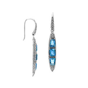 Sterling Silver Long Drop Earrings Featuring Triple Blue Topaz Quartz Stones With Balinese Chain Carved Detailing