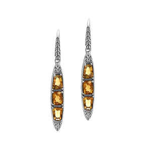 Sterling Silver Long Drop Earrings Featuring Triple Citrine Quartz Stones With Balinese Chain Carved Detailing