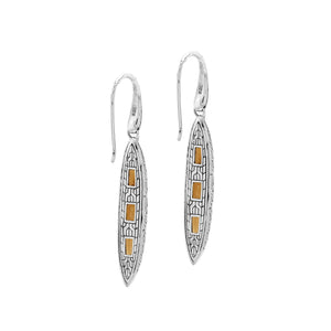 Sterling Silver Long Drop Earrings Featuring Triple Citrine Quartz Stones With Balinese Chain Carved Detailing