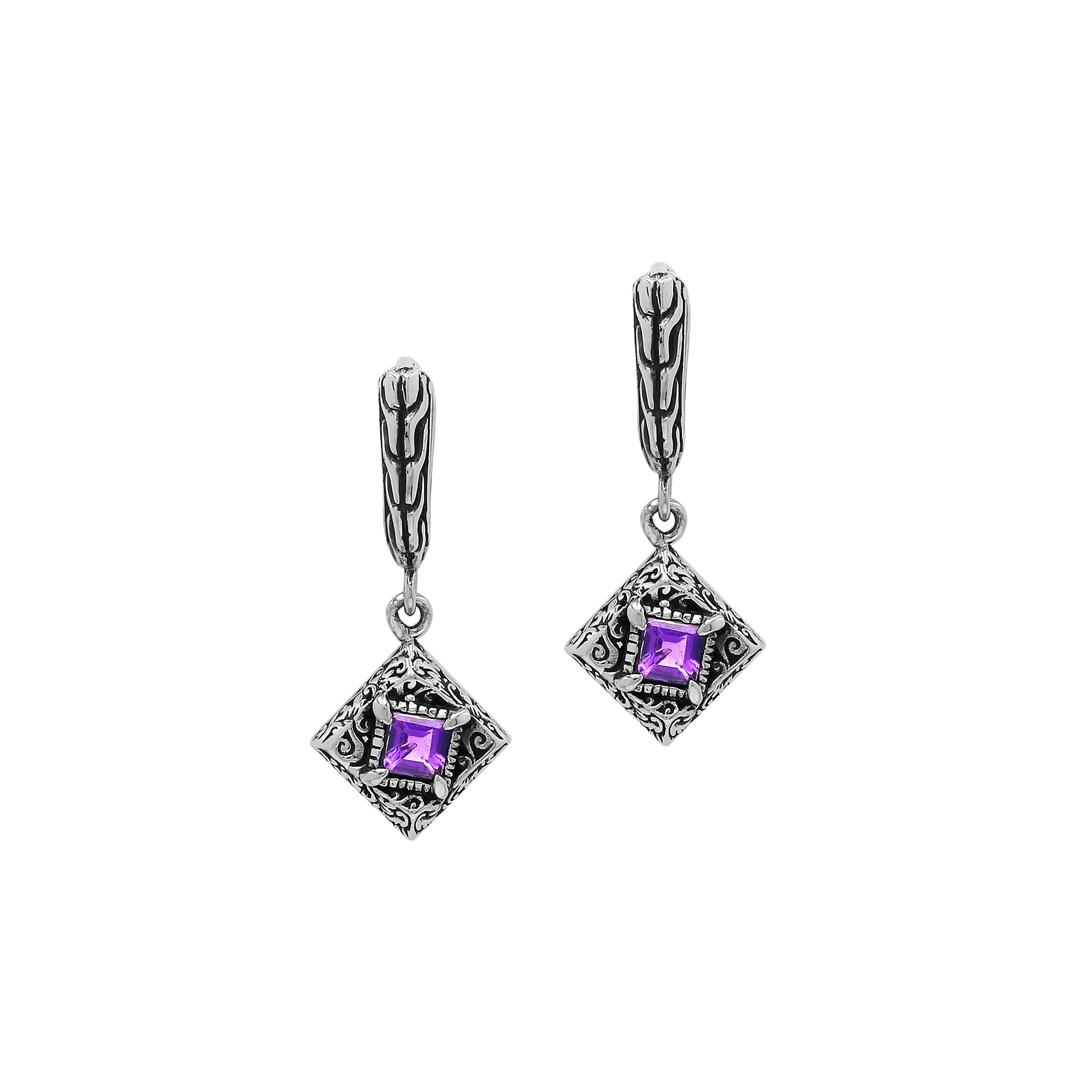 Sterling Silver Carved Diamond Drop Leverback Earrings Featuring Square-Cut Amethyst Quartz And Detailed Balinese Craftsmanship