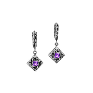 Sterling Silver Carved Diamond Drop Leverback Earrings Featuring Square-Cut Amethyst Quartz And Detailed Balinese Craftsmanship