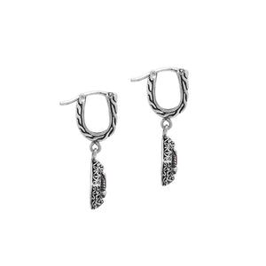 Sterling Silver Carved Diamond Drop Leverback Earrings Featuring Square-Cut Garnet Quartz And Detailed Balinese Craftsmanship