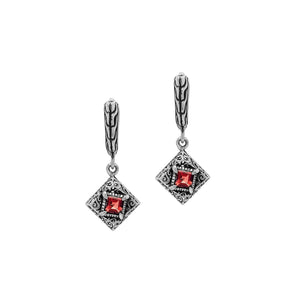 Sterling Silver Carved Diamond Drop Leverback Earrings Featuring Square-Cut Garnet Quartz And Detailed Balinese Craftsmanship