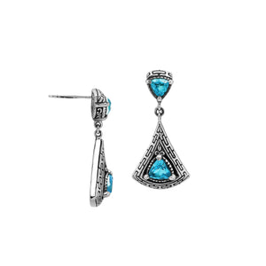 Sterling Silver Triangular Dangle Earrings Featuring Blue Topaz Quartz And Intricate Balinese Maze Carved Detailing