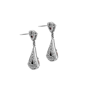 Sterling Silver Triangular Dangle Earrings Featuring Garnet Quartz And Intricate Balinese Maze Carved Detailing