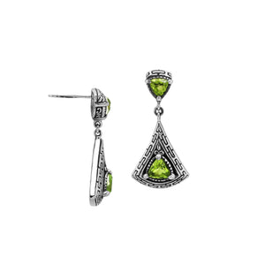 Sterling Silver Triangular Dangle Earrings Featuring Peridot Quartz With Intricate Balinese Maze Carved Detailing