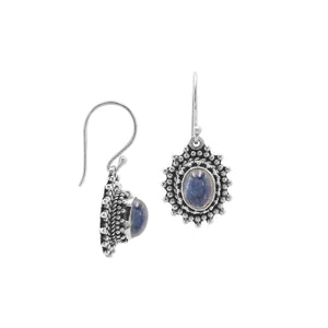 Wholesale sterling silver Bali granulated earrings featuring oval rainbow moonstone cabochons with polished–oxidized detailing, crafted to elevate artisan-inspired wholesale jewelry assortments with traditional handcrafted beauty.