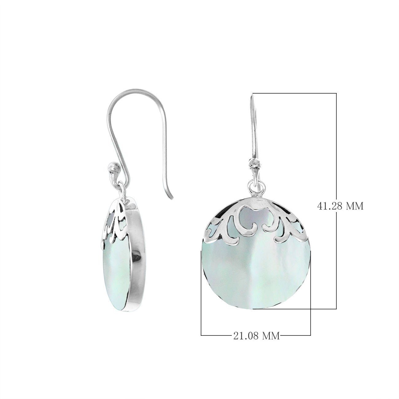 Sterling silver earrings featuring round Mother of Pearl drops with polished filigree detailing and earwire hooks, crafted in Bali with artisan precision.