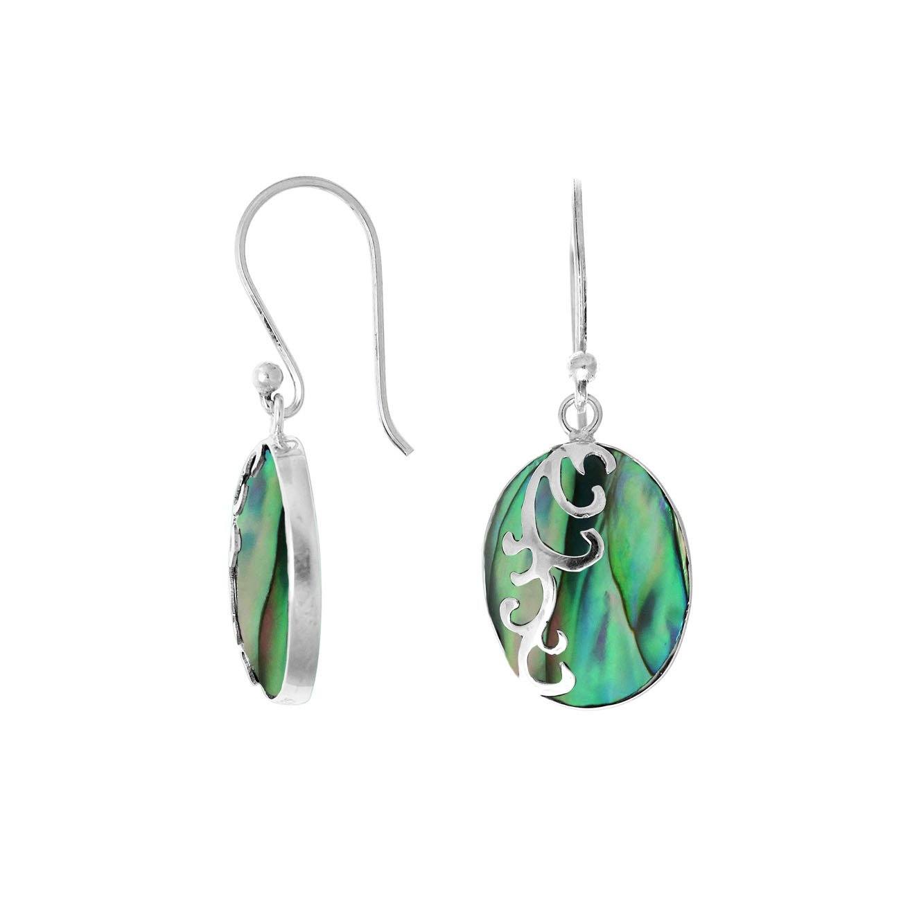 Wholesale sterling silver oval abalone shell earrings featuring a polished wave-motif overlay, designed to offer consistent quality and elegant catalog-ready presentation for bulk buyers.