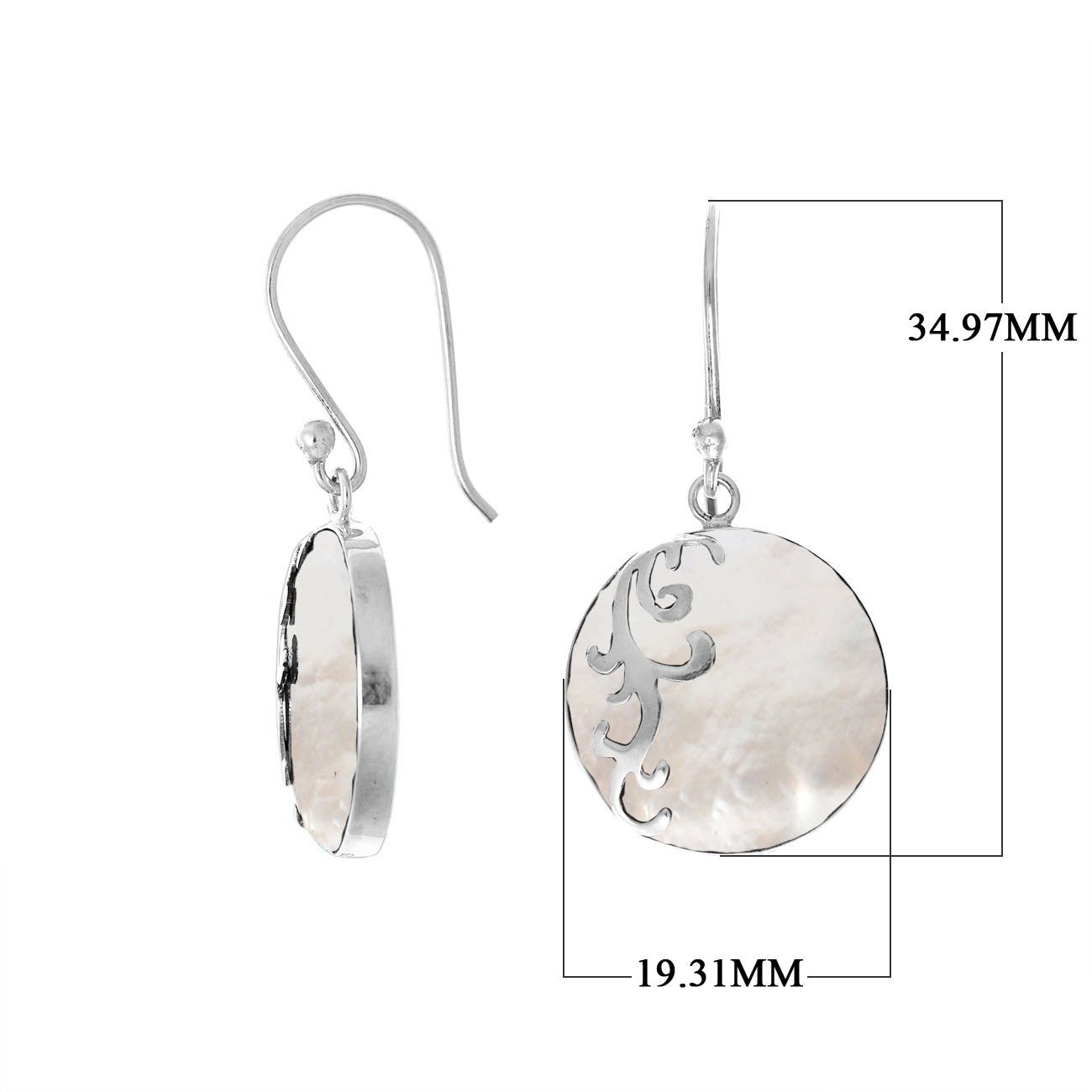 Wholesale sterling silver earrings featuring round mother of pearl drops with a polished wave-motif overlay, offering consistent artisan craftsmanship and refined catalog-ready presentation for bulk jewelry buyers.