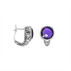 Wholesale sterling silver omega-clip earrings featuring faceted amethyst quartz set in ornate Balinese-style silverwork, created to deliver consistent artisan quality and strong catalog-ready visual appeal for bulk jewelry buyers.