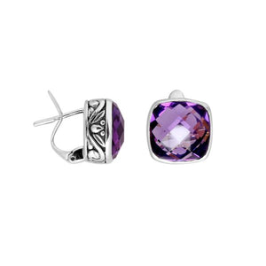 A pair of sterling silver cushion-cut Amethyst Quartz earrings with intricate side detailing and Omega clip locks, designed for bulk jewelry distribution and elegant catalog displays.