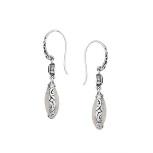 Wholesale sterling silver earrings featuring a faceted Rainbow Moonstone teardrop and Blue Topaz Quartz accent with ornate scroll designs and secure earwire, ideal for premium catalog displays.