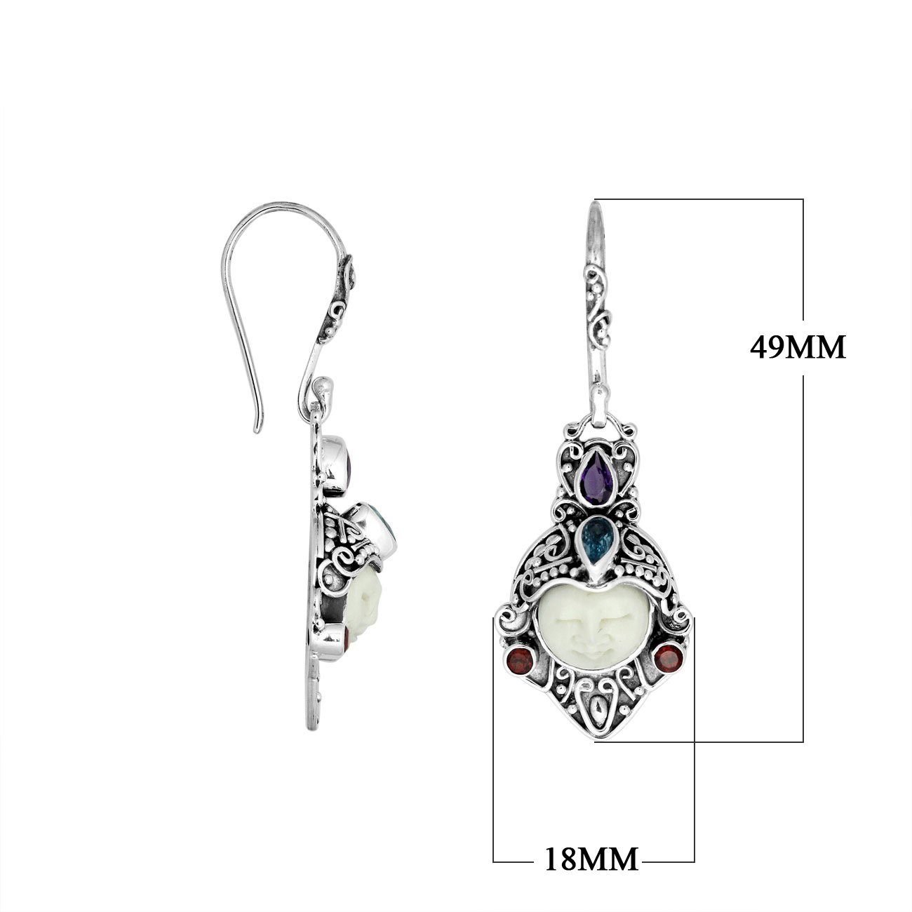 A handcrafted pair of 925 sterling silver earrings featuring carved bone faces, accented with Amethyst Quartz, Blue Topaz Quartz, and Garnet Quartz stones.