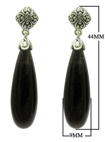 Wholesale sterling silver earrings featuring long polished Black Obsidian teardrops with ornate Bali-style detailing, designed for consistent quality and elegant presentation in large-volume jewelry assortments.
