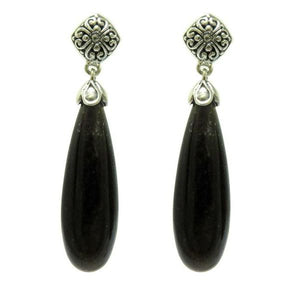 Wholesale sterling silver earrings featuring long polished Black Obsidian teardrops with ornate Bali-style detailing, designed for consistent quality and elegant presentation in large-volume jewelry assortments.