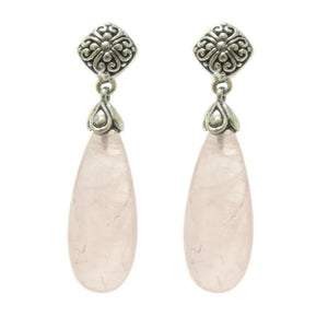 Wholesale sterling silver earrings featuring soft pink Rose Quartz teardrops paired with ornate Bali-style tops, crafted for consistent quality and elegant presentation in wholesale jewelry assortments.