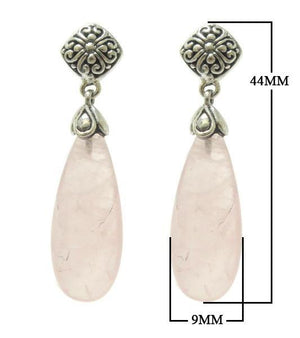 Wholesale sterling silver earrings featuring soft pink Rose Quartz teardrops paired with ornate Bali-style tops, crafted for consistent quality and elegant presentation in wholesale jewelry assortments.