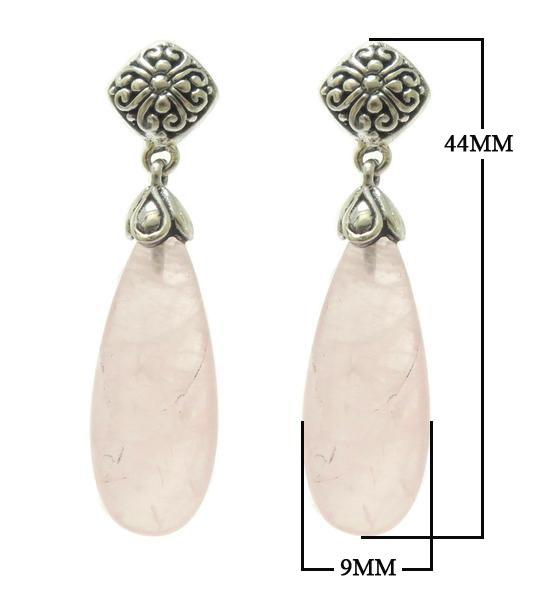 Wholesale sterling silver earrings featuring soft pink Rose Quartz teardrops paired with ornate Bali-style tops, crafted for consistent quality and elegant presentation in wholesale jewelry assortments.