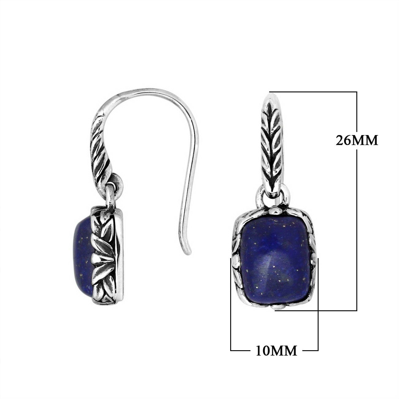Wholesale sterling silver earrings featuring a cushion-cut Lapis center framed with carved detailing and an earwire lock, offering a refined artisan style ideal for premium jewelry catalogs.
