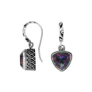 Wholesale sterling silver earrings featuring a faceted triangular Mystic Quartz stone framed with intricate carved patterns and earwire lock, designed to offer bold artisanal style for premium wholesale jewelry catalogs.