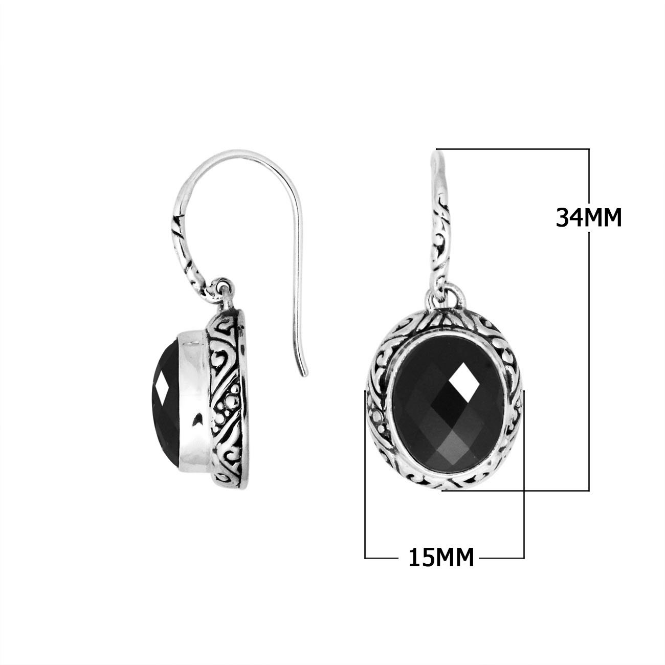 Wholesale sterling silver earrings featuring a faceted oval Black Onyx stone framed with carved silver detailing and earwire lock, offering bold contrast and artisan craftsmanship suited for premium wholesale jewelry catalogs.