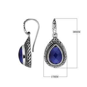 Wholesale sterling silver Sapphire teardrop earwire earrings featuring intricately carved silver borders, decorative bead accents, antique-polished finish, and handcrafted detailing designed for premium boutique and wholesale jewelry collections.