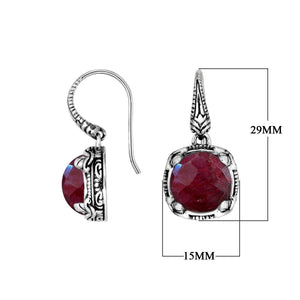 Wholesale sterling silver Ruby Quartz round cushion earwire earrings featuring ornate handcrafted silver framing, antique-polished finish, secure earwire hooks, and detailed artisanal craftsmanship designed for premium wholesale jewelry collections.