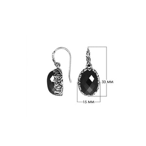 Wholesale sterling silver Black Onyx oval earwire earrings featuring floral hand-carved silver detailing, polished oxidized finish, secure earwire hooks, and bold black stone design created for premium wholesale jewelry collections.